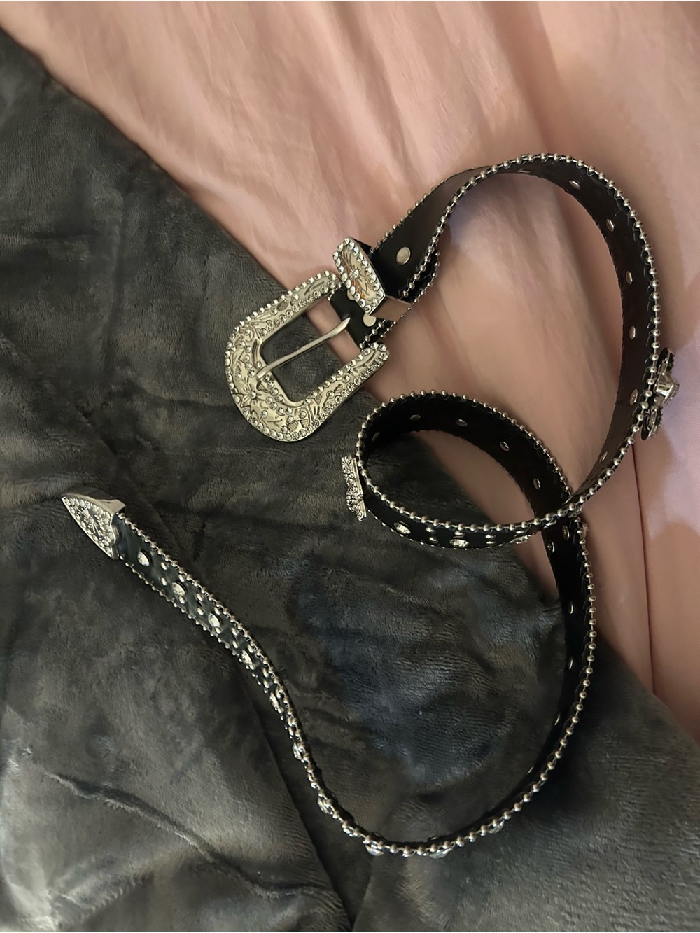 Black Studded Fleur-de-Lis Crystal Accent Belt - Picture 3 of 5